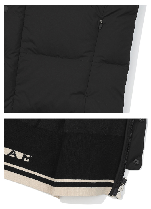 Malbon women's lightweight thermal down golf jacket in Black, fabric and hem detail