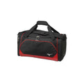 Black Mizuno Team duffel bag with red-piped front pocket and red base panel, padded carry handles and silver Runbird logo