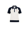Malbon women colourblock knit golf polo in beige front view