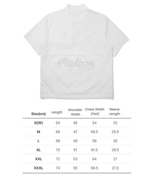 Malbon Unisex Quarter-Zip Golf Polo Shirt — size chart in centimetres for sizes S to XXXL