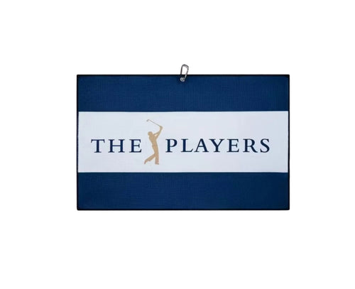 Malbon Blue Microfiber Golf Towel — clipped to a golf bag