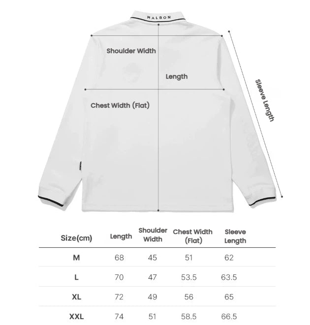 Malbon Men's Long-Sleeve Golf Polo Shirt — size chart in centimetres for sizes M to XXL
