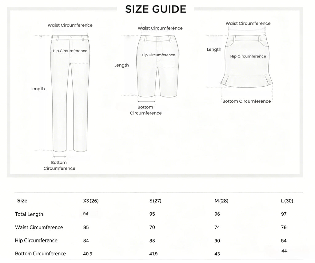 St Andrews Women's Slim-Fit Flare Golf Pants — size chart with waist, hip and bottom circumference