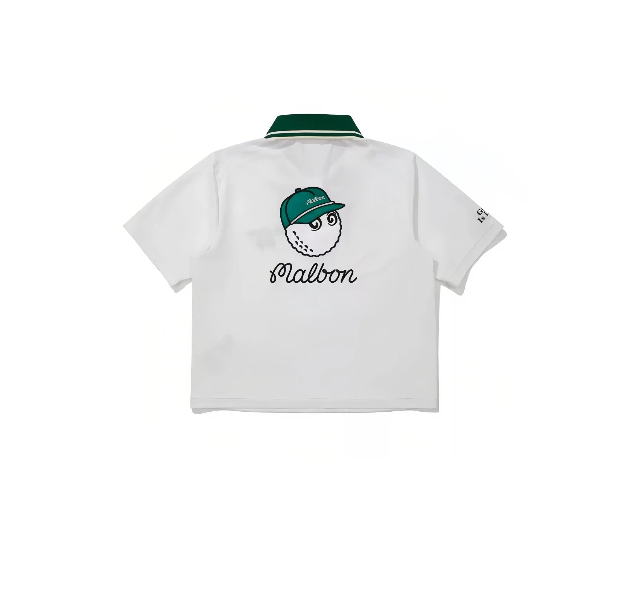 Malbon women golf polo shirt in white back view with golf ball mascot