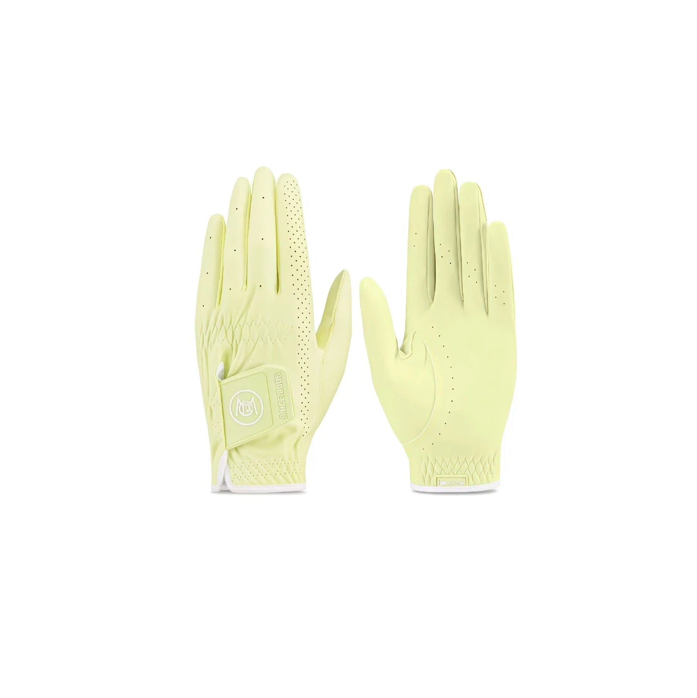 Pair of pale yellow women's nano golf gloves, back and palm view with perforated breathable finger panels