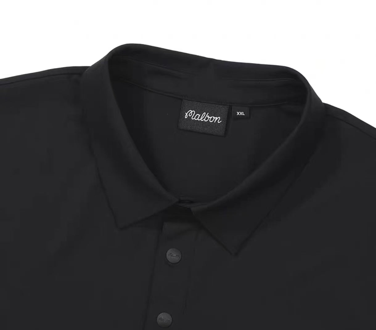 Malbon men's lightweight cooling quick-dry golf polo shirt in Black, logo and fabric detail