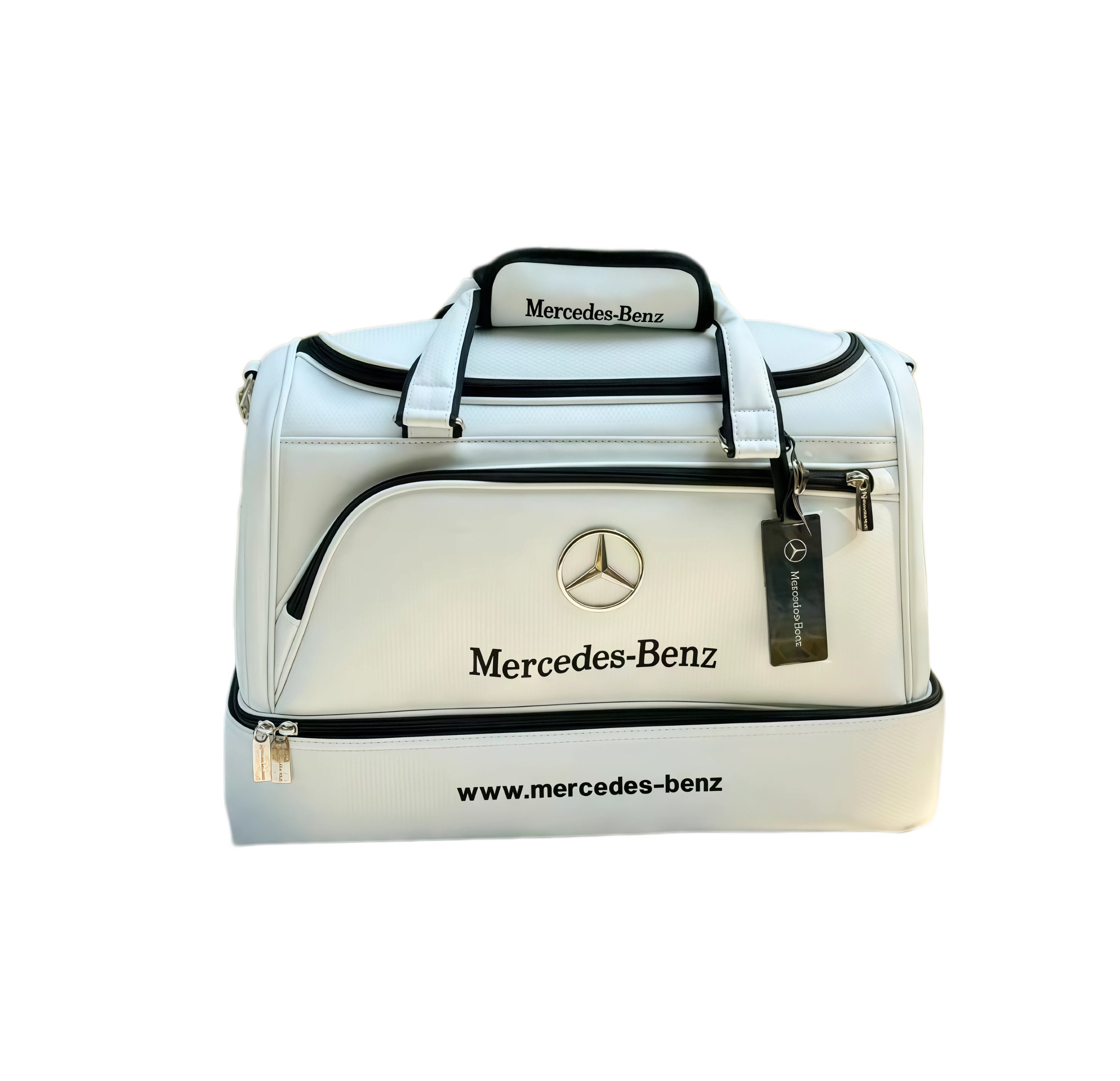 Front view of the Mercedes-Benz Carbon Fiber Texture Golf Boston Bag in white with black trim. Features a metallic star logo, "Mercedes-Benz" branding, dual top handles, and a detachable shoulder strap. Ideal for premium golfers.