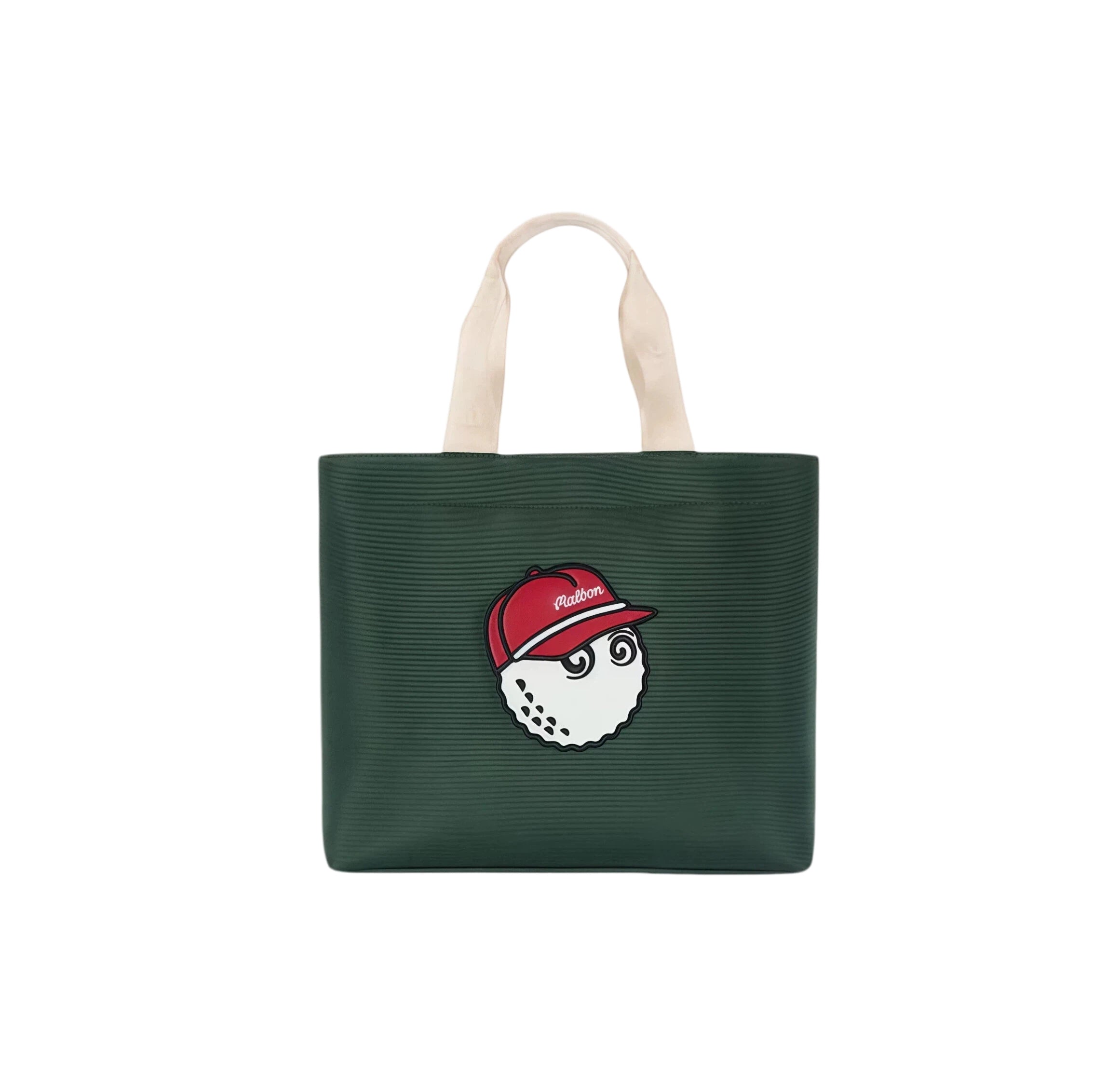 Forest green ribbed Malbon Golf tote bag with cream cotton handles and red-cap Buckets mascot patch, front view