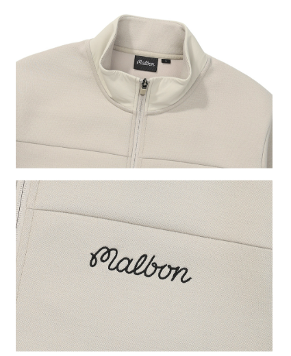 Malbon Golf Men’s Stand Collar Full-Zip Fleece Jacket khaki collar and chest detail