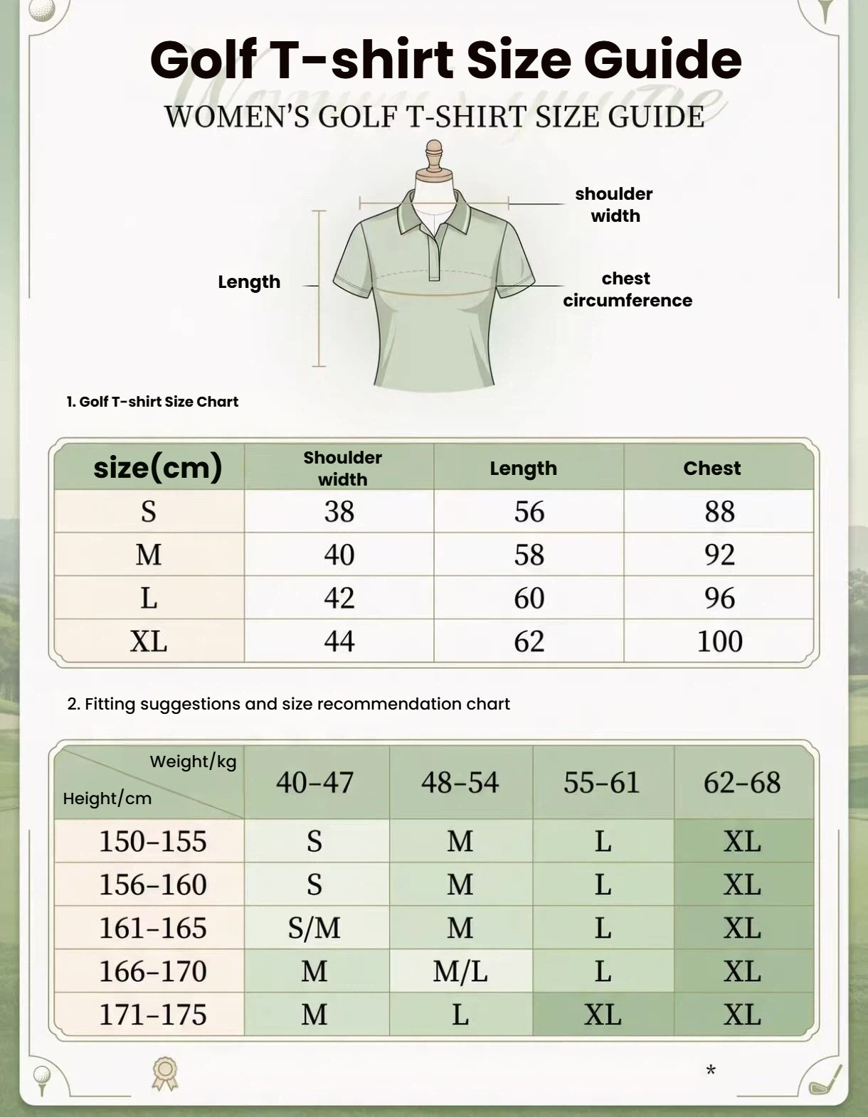 Devereux women’s Black golf tee size chart