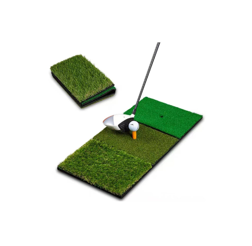 Home golf hitting mat detail of pre-drilled tee hole with rubber tee installed