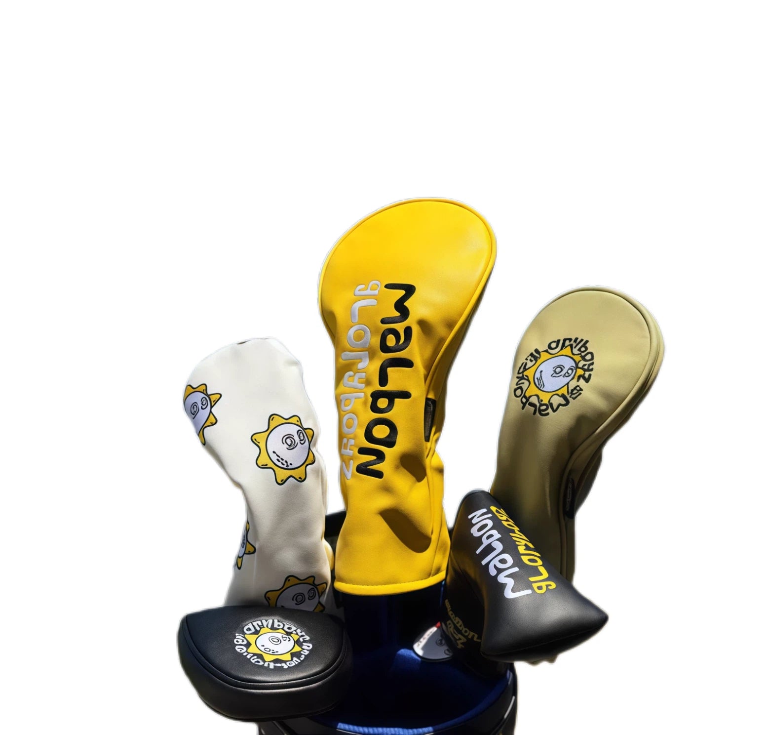 Malbon Gloryboyz sunflower golf headcover set in white, yellow, olive and black with cartoon sunflower face design