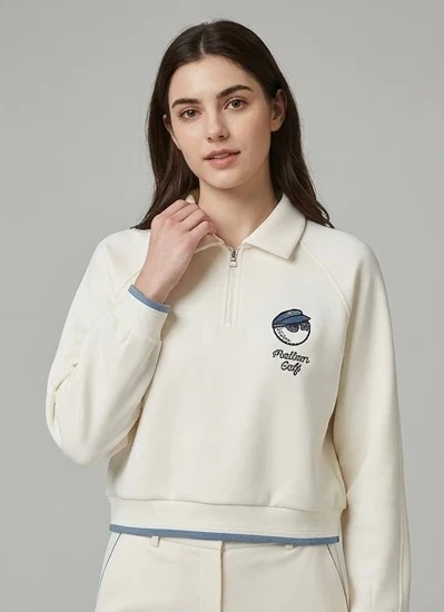 Malbon Women Golf Half Zip Sweatshirt Stand Collar Jacket 2025 women's half zip golf sweatshirt model-worn view