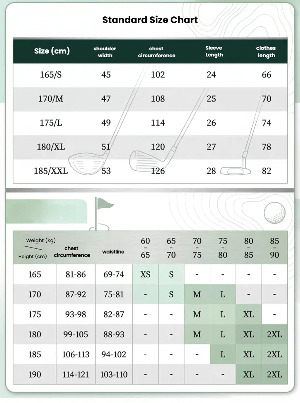 Forden Golf men’s golf shirt size chart