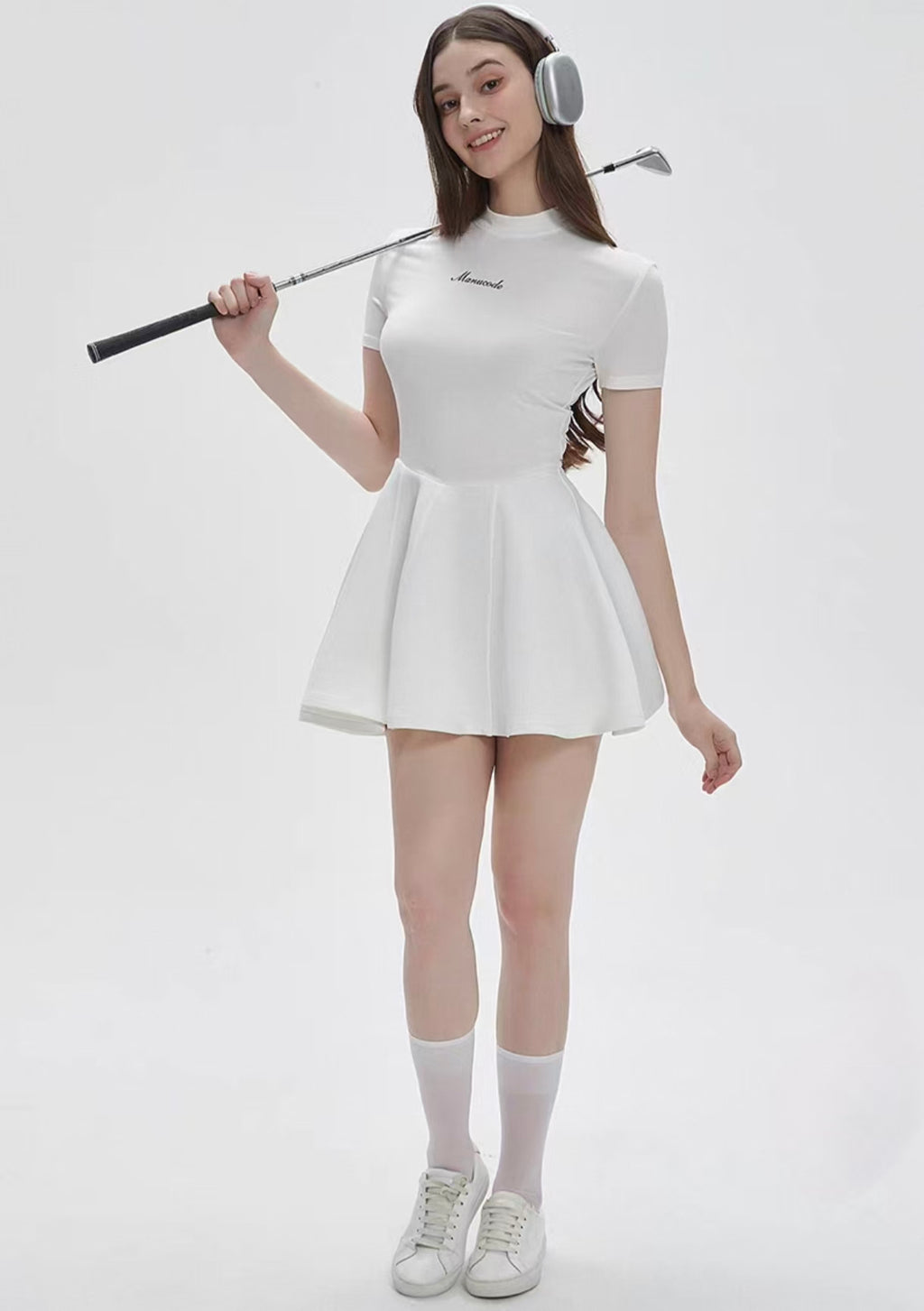 Manucode Women’s White Retro High Neck Air Fabric Golf Dress
