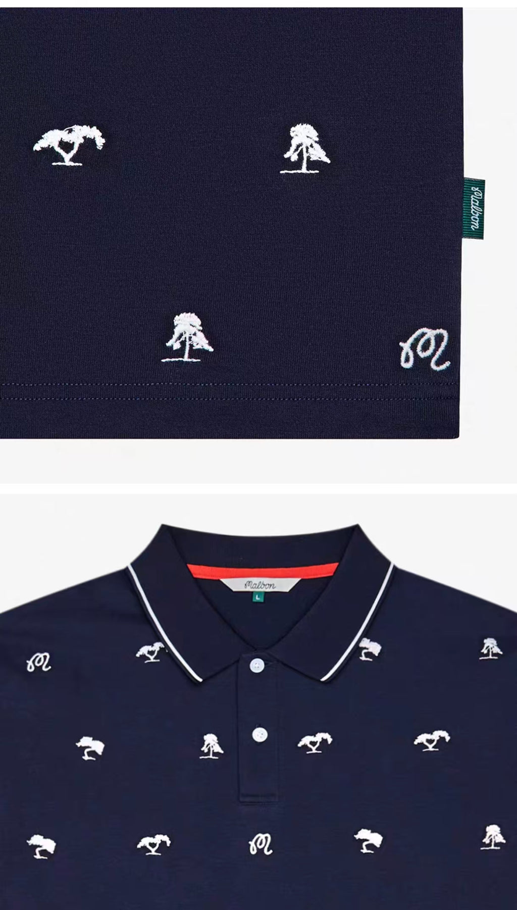 Malbon men's Korean Style Lightweight Athletic Golf Polo in Navy Blue, logo and fabric detail