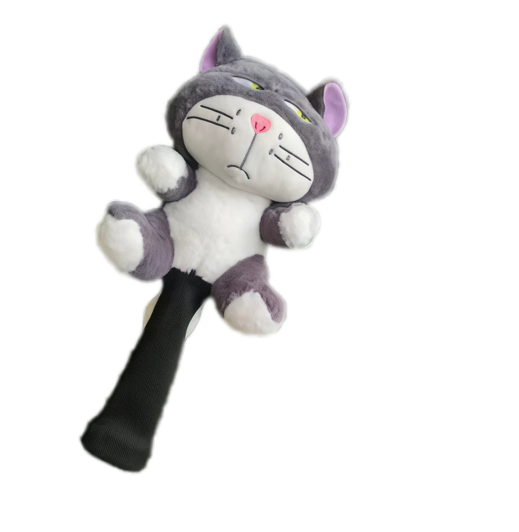Full view of stubborn grey cat plush golf headcover with white belly, purple inner ears and long black knit sleeve