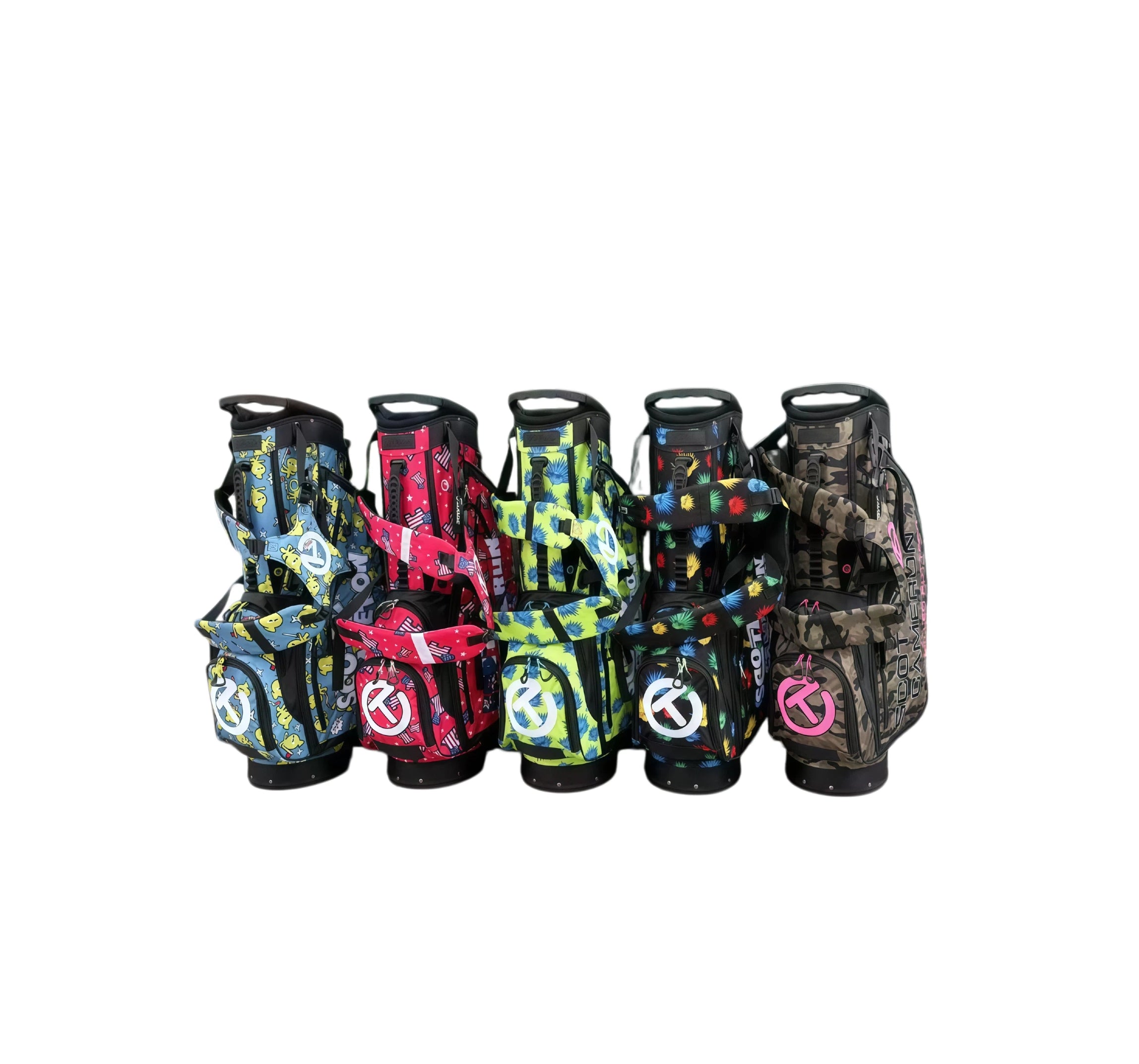 Scotty Cameron Pathfinder Hometeam stand golf bag lineup in five Circle T prints: ducks, stars, palms, bursts and camo