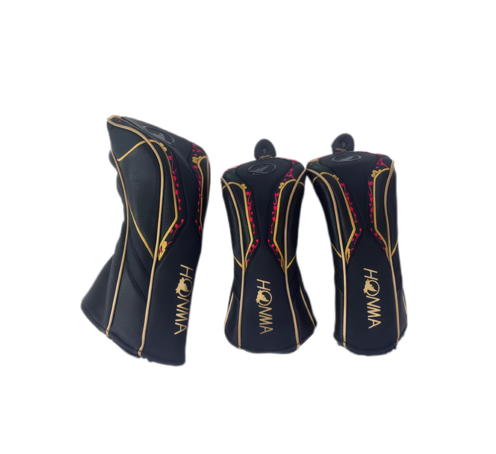 Black Honma golf headcover trio in driver, fairway and hybrid sizes with red and gold lacquer cherry branch design