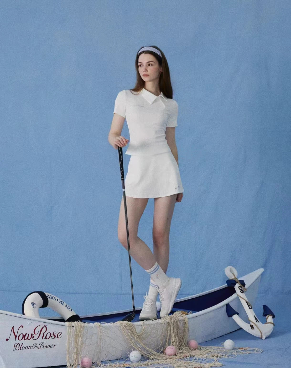 NowRose White golf polo and skirt full outfit on model