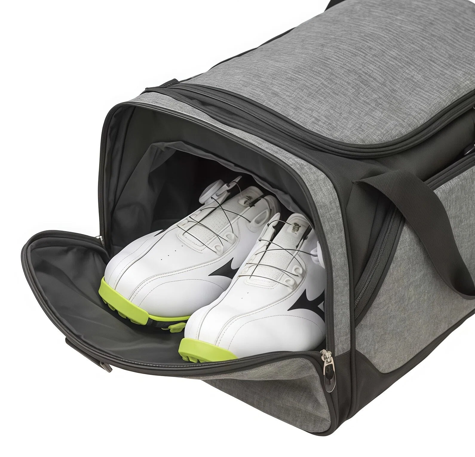 Open end pocket of grey Mizuno Team duffel bag revealing white golf shoes with neon-green soles in dedicated shoe compartment
