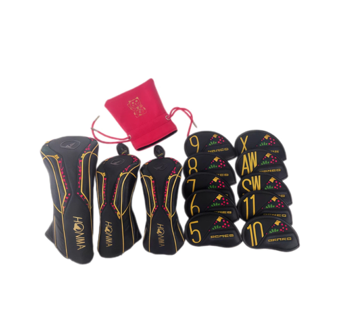 Black Honma lacquer-style golf headcover set with red Maneki-neko pouch, BERES iron covers, driver and fairway covers