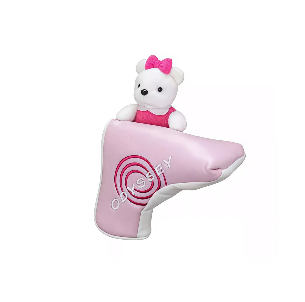 Pink Odyssey blade putter headcover with plush white bear mascot wearing a pink bow and dress, swirl logo on front