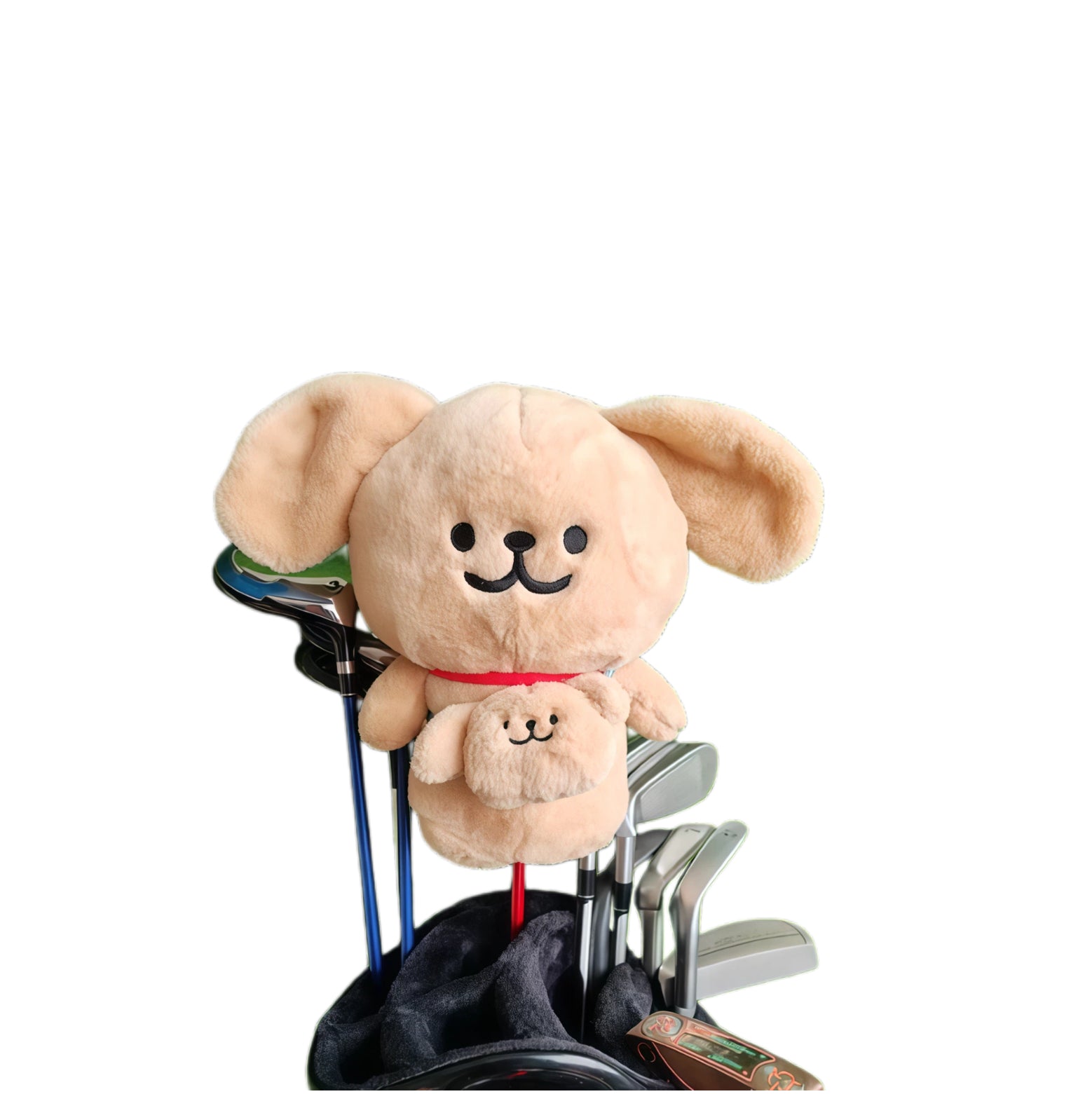 Tan puppy plush golf driver headcover with floppy ears, embroidered smile and small matching pup pocket on the front