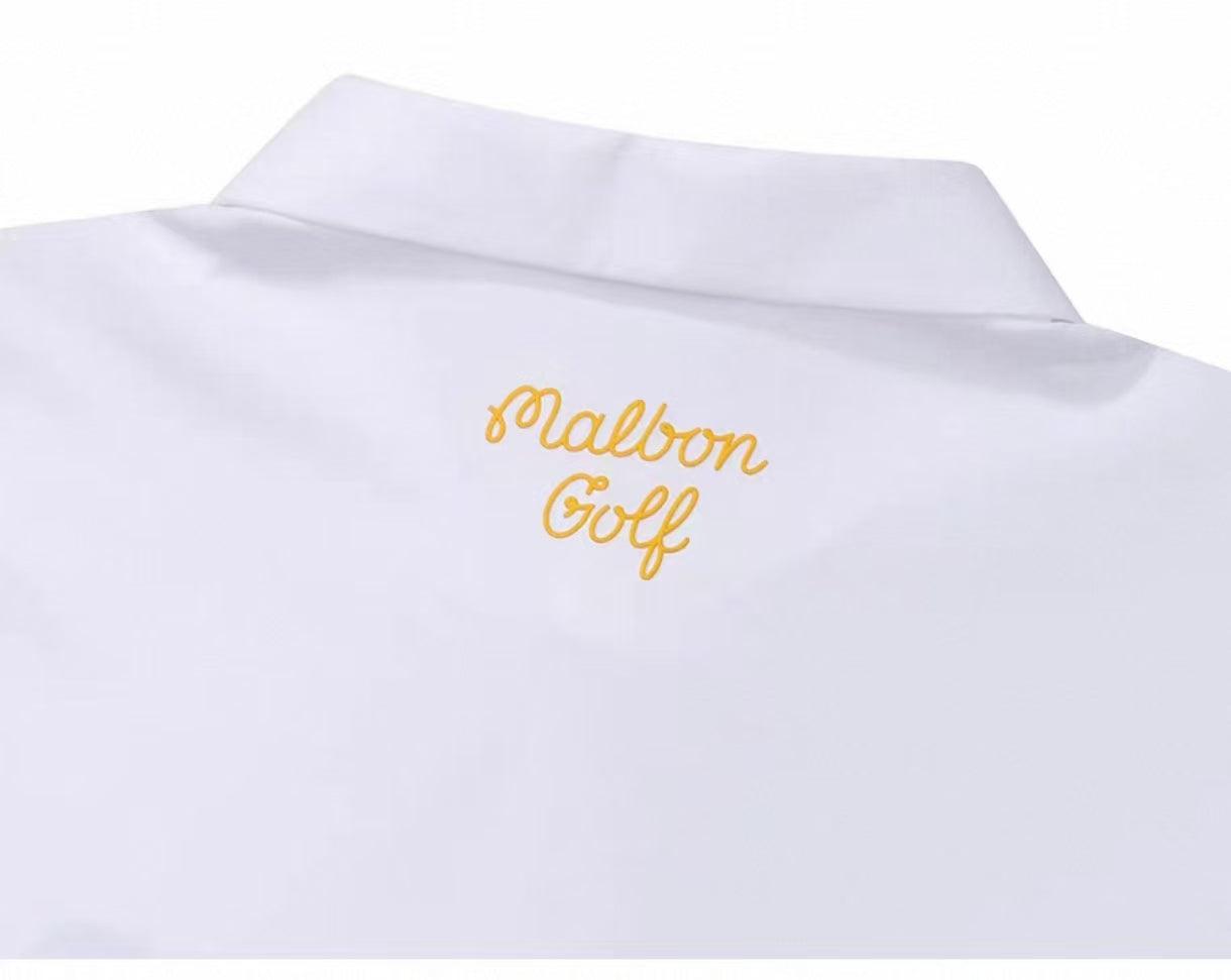 Malbon men's lightweight cooling quick-dry golf polo shirt in White, detail view