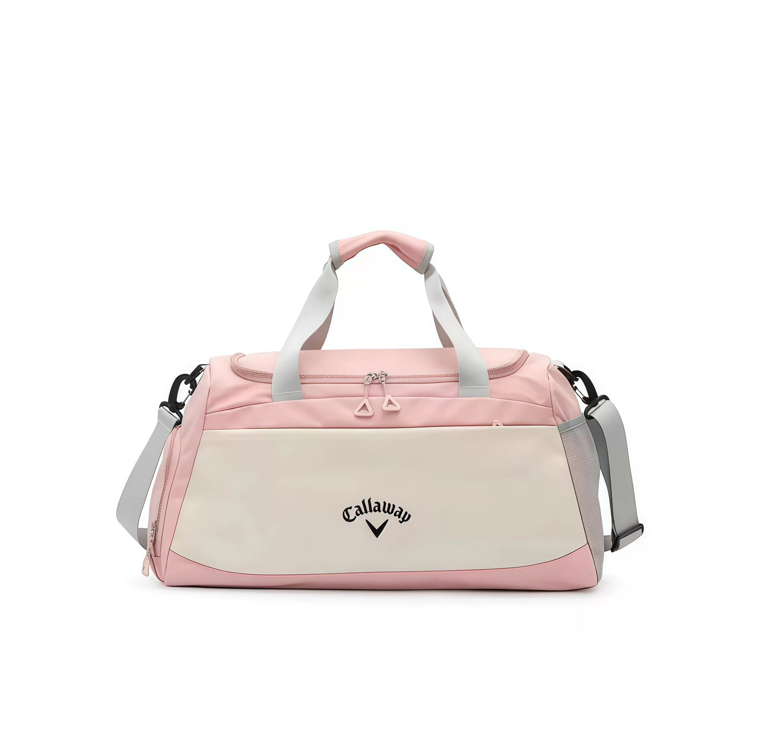 Pastel pink and cream Callaway Sport Hanba 1984 golf boston bag, front view with twin handles and adjustable shoulder strap