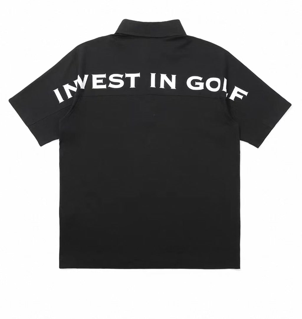 Malbon men's casual quick-dry golf polo shirt in Black, back view