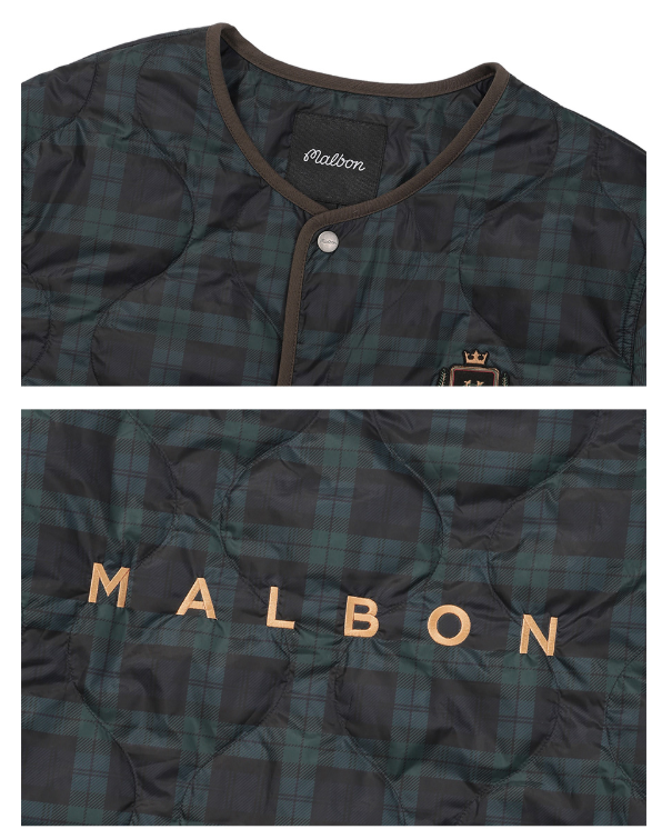 Malbon Golf Men’s Plaid Insulated Full-Zip Padded Jacket collar and back logo detail
