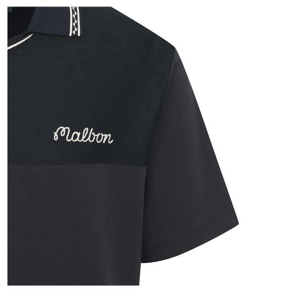 Malbon men's Casual Letter Print Golf Polo in Navy Blue, trim detail