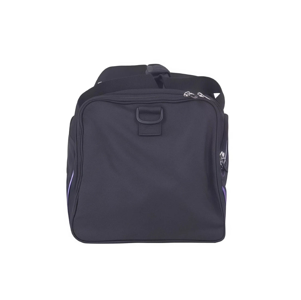End-on view of black Mizuno Team duffel bag showing D-ring carry loop and side zip compartment with purple lining