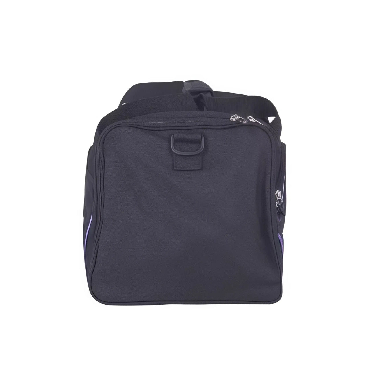 End-on view of black Mizuno Team duffel bag showing D-ring carry loop and side zip compartment with purple lining