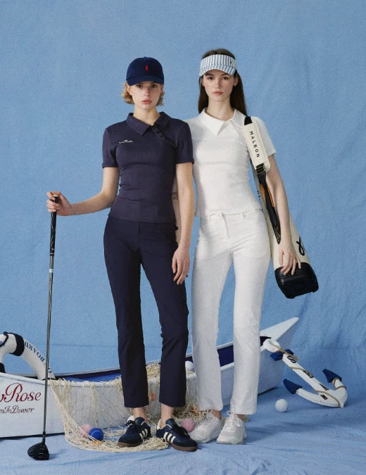 NowRose Navy and White golf polo and pants outfit comparison