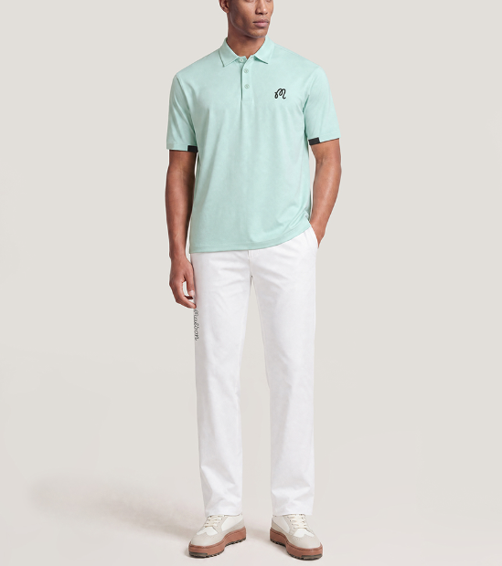Malbon men's dot-print casual athletic golf polo in Blue - model front view