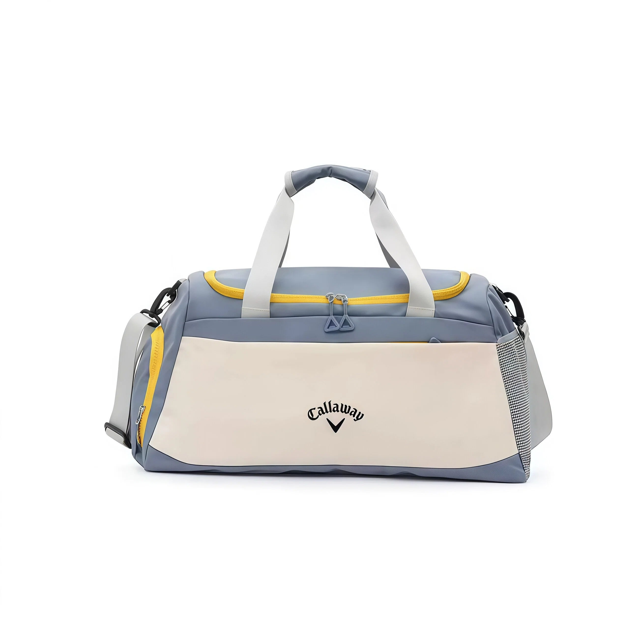 Slate grey and cream Callaway Sport Hanba 1984 golf boston bag with yellow zip trim and houndstooth mesh side pocket