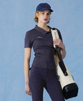 NowRose Navy cooling golf polo detail on model