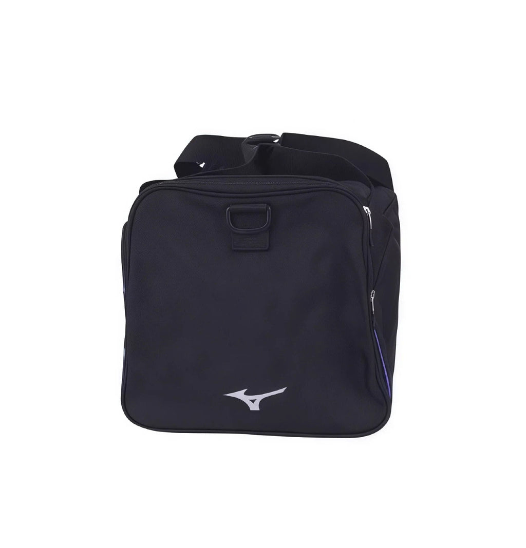Side-end view of black Mizuno Team duffel bag with embossed D-ring panel and silver Runbird logo near base
