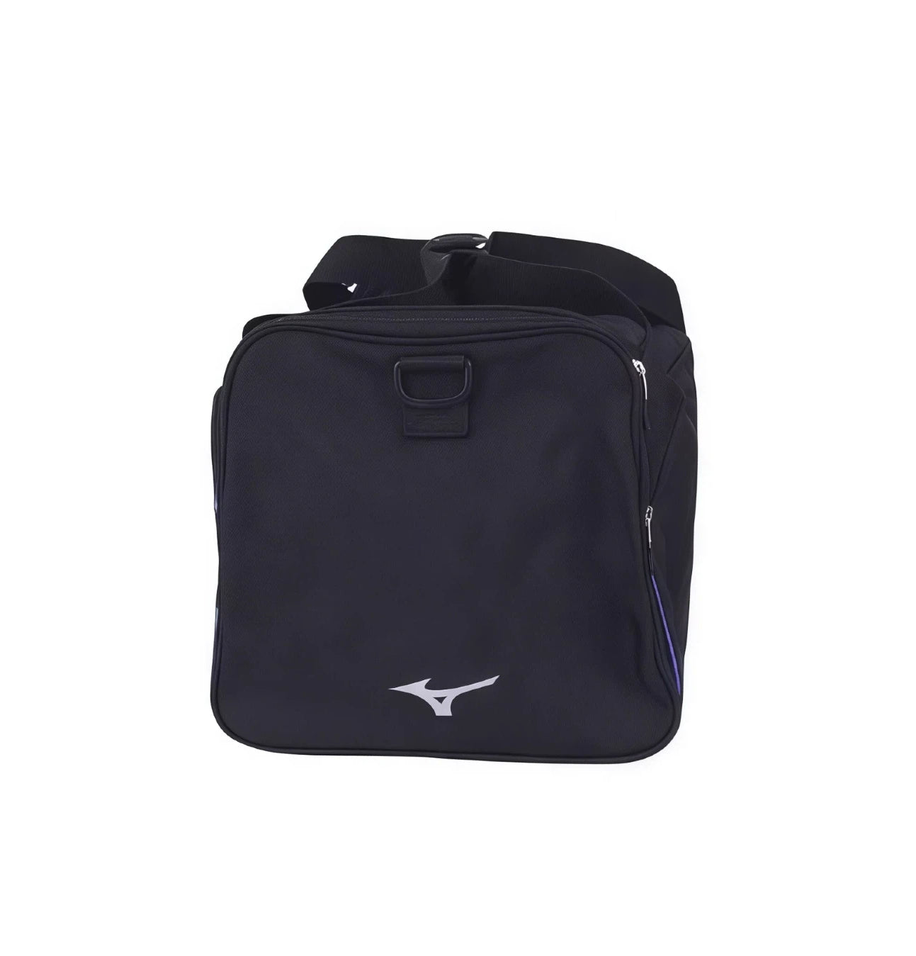 Side-end view of black Mizuno Team duffel bag with embossed D-ring panel and silver Runbird logo near base