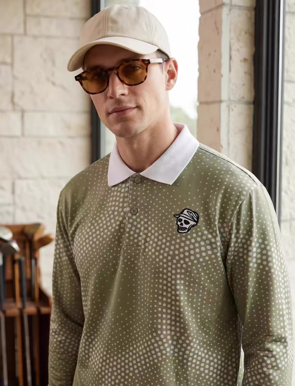 Devereux Golf Men’s Green Gradient Polka Dot Long Sleeve Polo Shirt in Green - product view