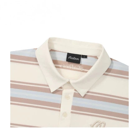 Malbon striped golf polo placket and button close-up