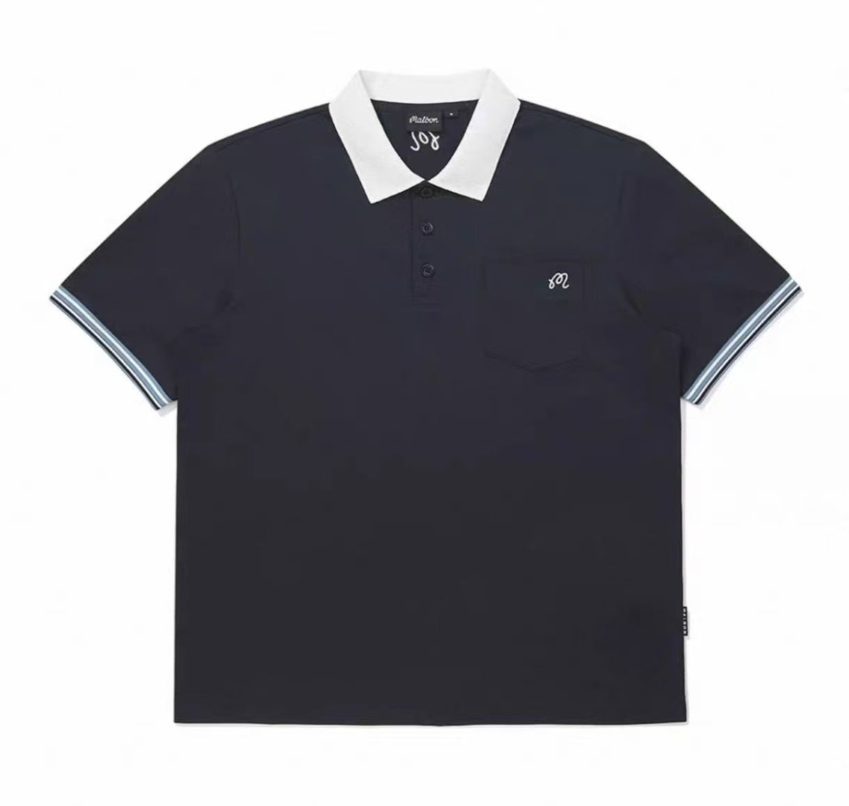 Malbon men's athletic contrast-collar golf polo shirt in Navy Blue, front view