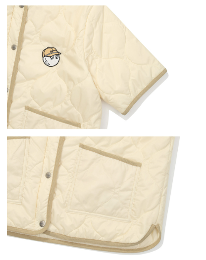 Malbon women's short-sleeve insulated padded golf jacket in Cream, pocket and trim detail