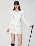 OZERO White golf shirt and pleated skirt set front view on model