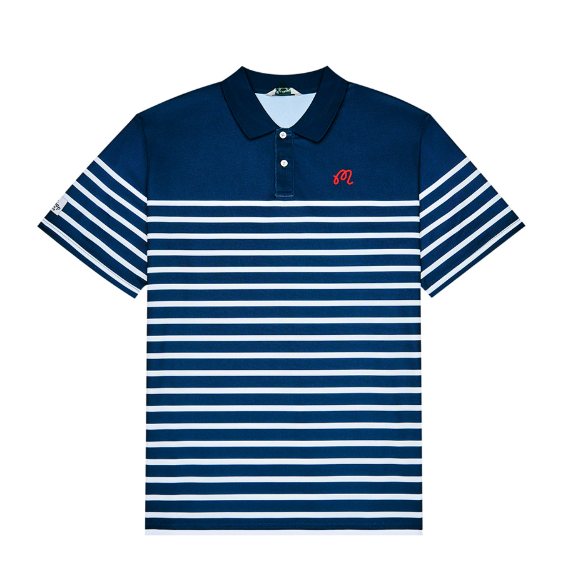Malbon navy striped retro golf polo front view