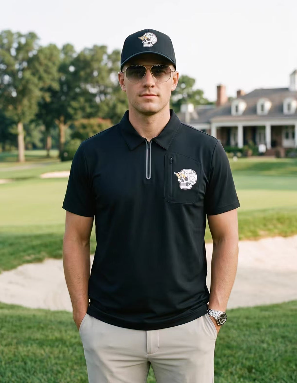 Devereux Golf Men’s Summer Quarter-Zip Skull Graphic Polo Shirt in Black - product view