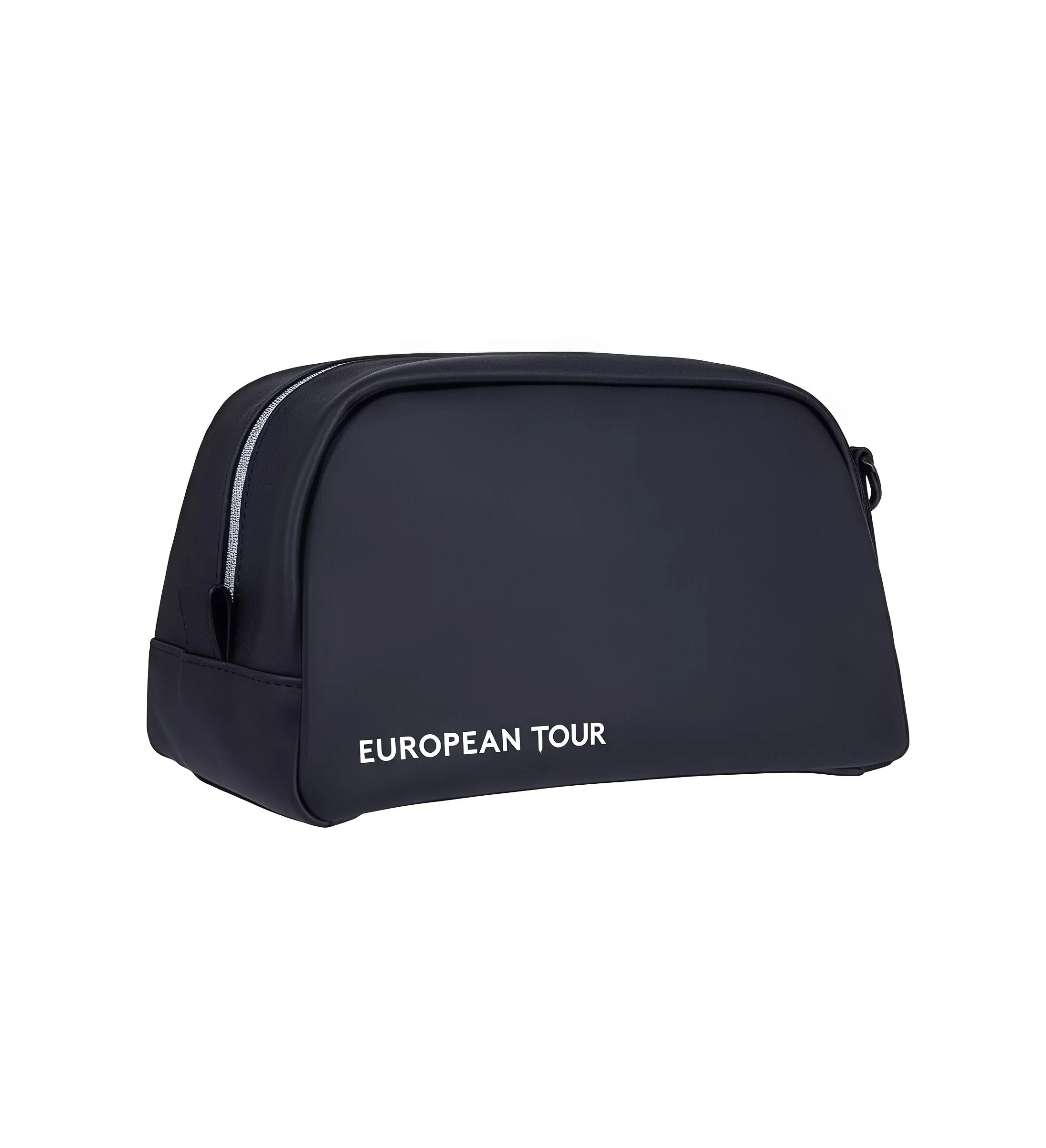 Slightly angled front view of the black European Tour accessory pouch with "EUROPEAN TOUR" printed in white. Includes a neon yellow zipper pull and reinforced edges.
