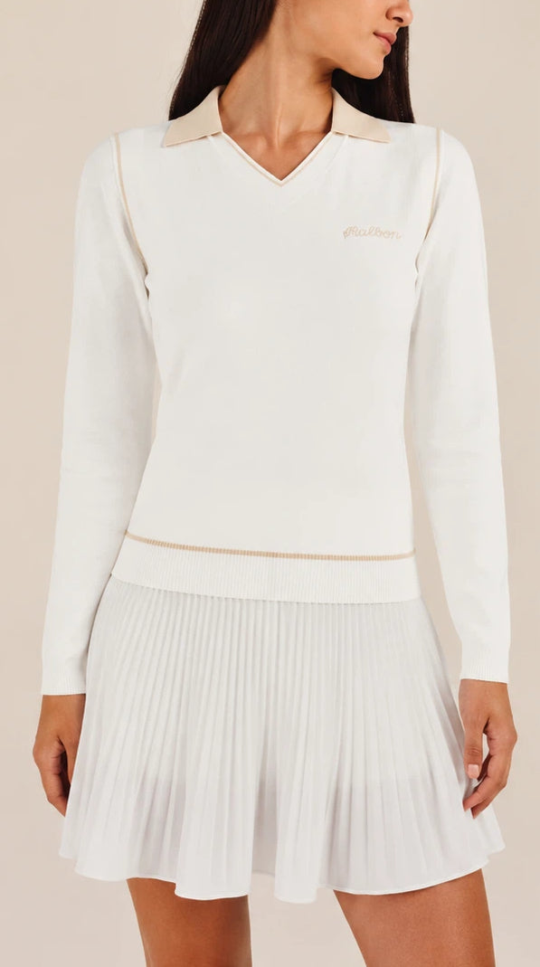 Malbon Women's Knit Long Sleeve Beige knit long sleeve golf top front view